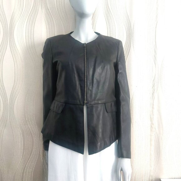 Zara Jackets & Blazers - NWT ZARA Leather Jacket Large Black Round Neck Dressy Edgy Peplum Back